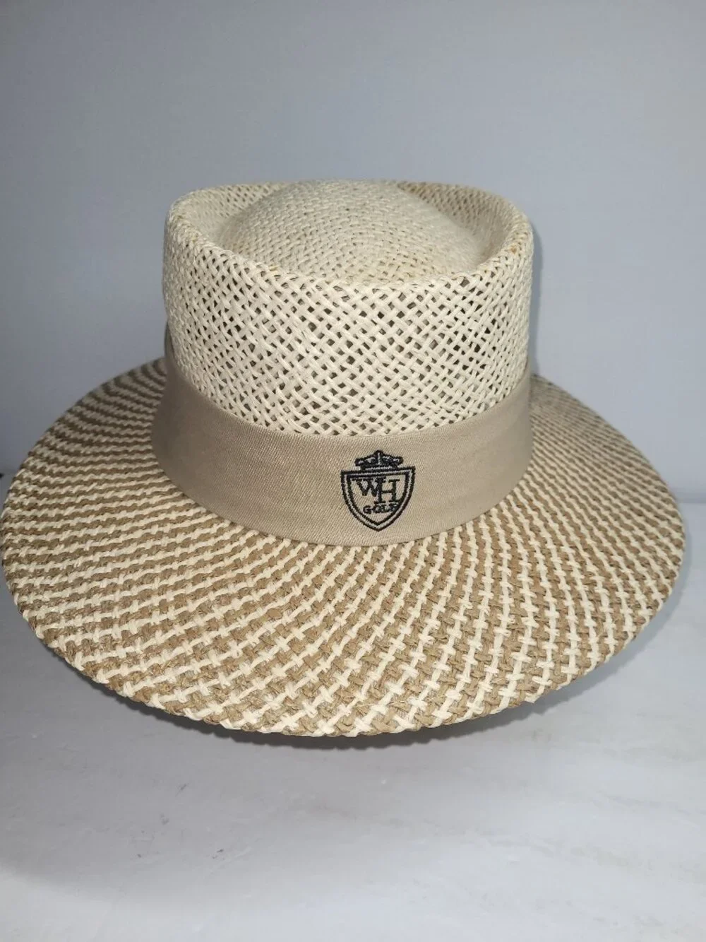 Walter Hagen Men's Golf Sun Hat Woven 100% Paper Straw Beige Wide Brim Logo